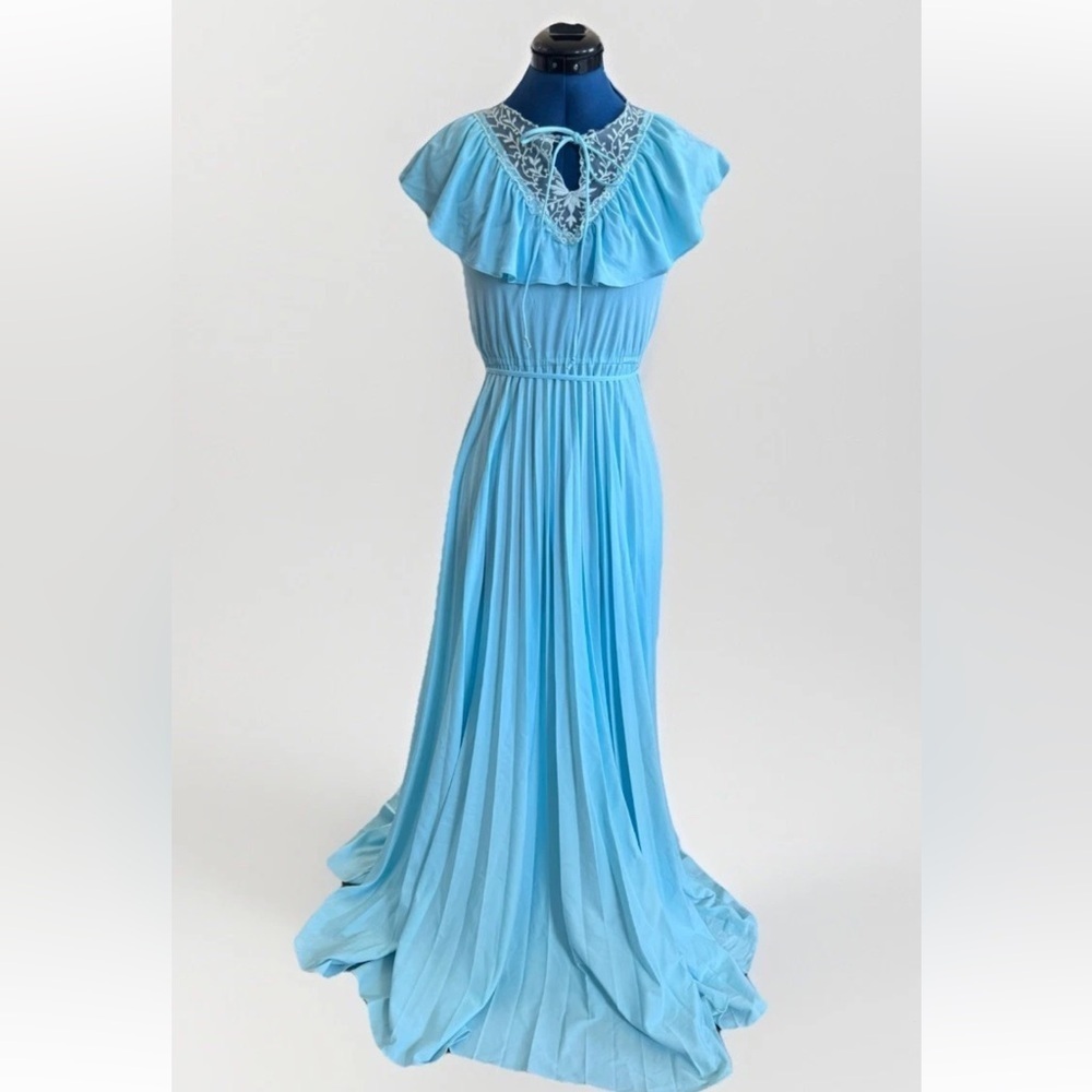 Vintage 70s Miss Hart California Blue Peasant Prairie Victorian Lace dress *Flaw